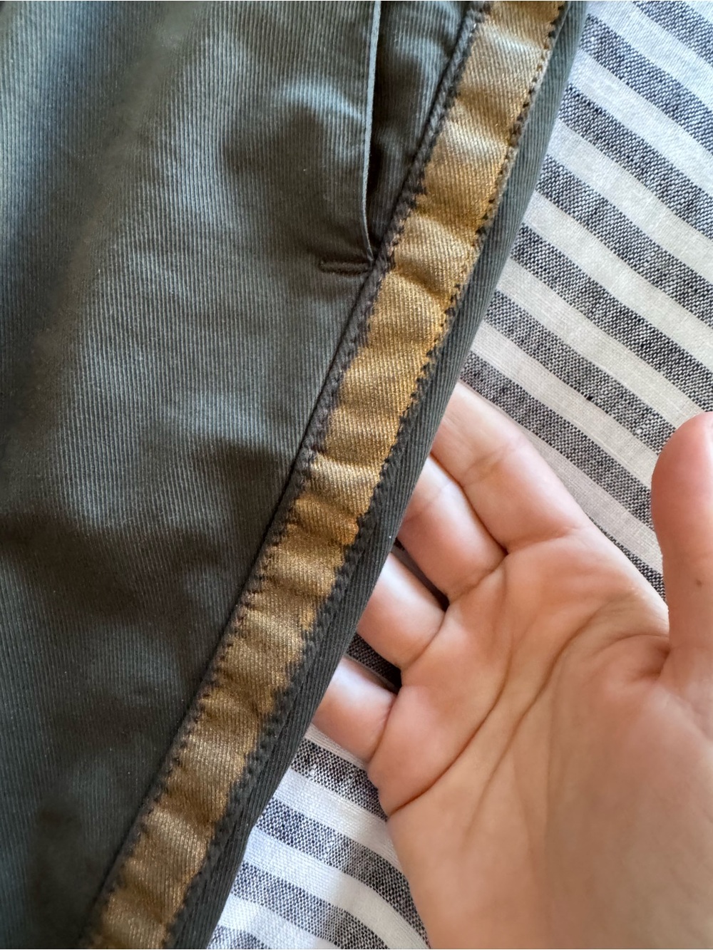 Frank & Eileen Olive Green Cropped Pants with Gold Side Stripe - Picture 3 of 9